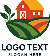 Simple illustrative farm logo design featuring a red barn green fields a sprout and the text fields for a business.