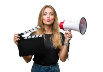 Blonde woman holding clapperboard and megaphone isolated on transparent background