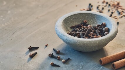 Spices in a stone bowl with cinnamon sticks on gray surface  
