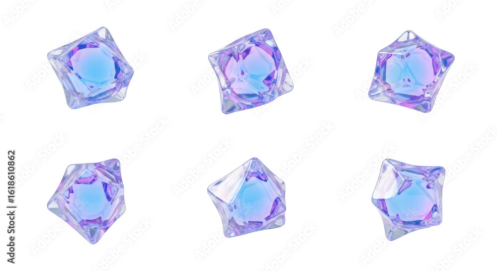 Poster six iridescent crystalline geometric objects are rotating in different angles on a white background 