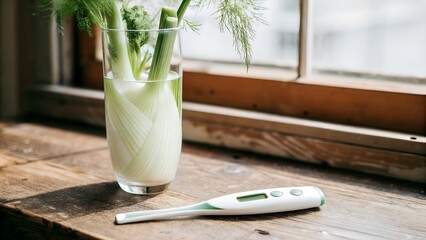 Fresh celery in glass with thermometer on wooden table by window  