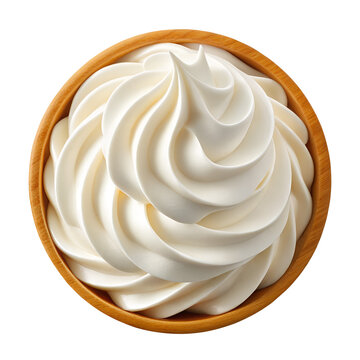 Creamy swirl of whipped cream in a wooden bowl isolated on transparent background