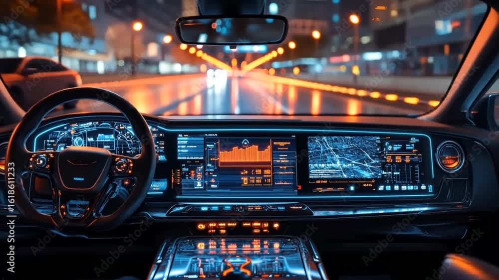 Poster car dashboard view with digital displays showing road map and data driving at night