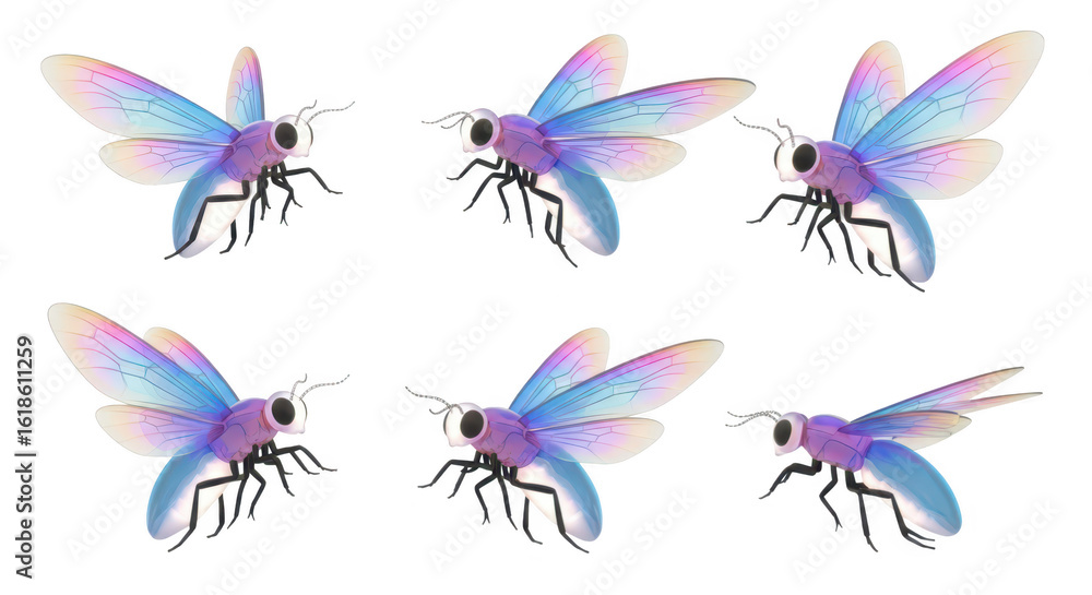 Poster 3d rendered whimsical insect models in various flight positions isolated on white suitable for child