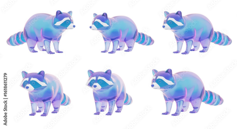 Poster 3d rendering of multiple transparent raccoons standing on a white background ideal for illustrating 