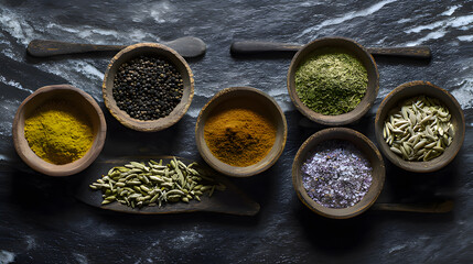 Assorted herbs and spices arranged on dark marble, showcasing vibrant colors and rich textures.