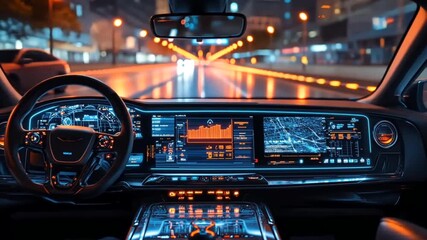 Car dashboard view with digital displays showing road map and data driving at night - Powered by Adobe