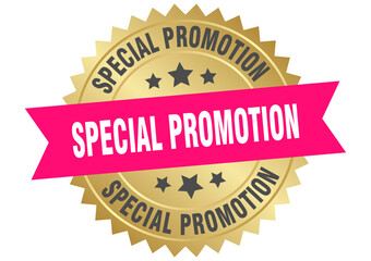 special promotion. special promotion round pink and gold label isolated on transparent background