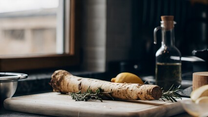 Root vegetable with lemon and herbs on kitchen countertop  