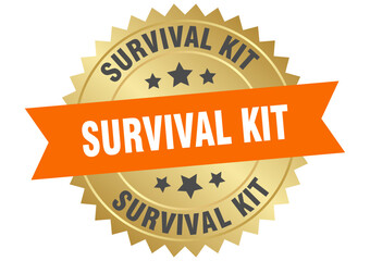 survival kit. survival kit round orange and gold label isolated on transparent background