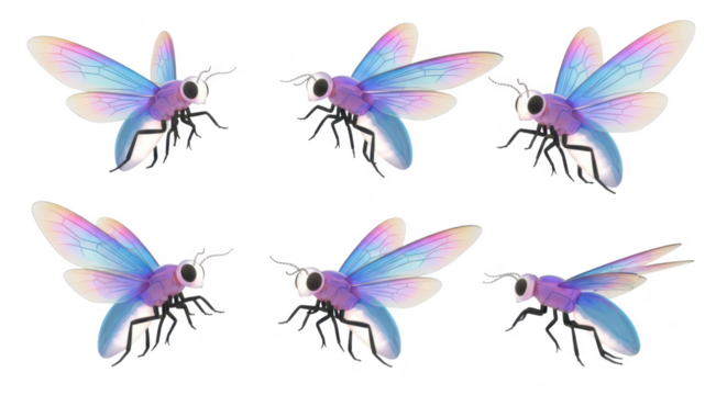 3D rendered whimsical insect models in various flight positions isolated on white suitable for children's educational materials or animation