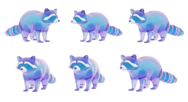 3D rendering of multiple transparent raccoons standing on a white background ideal for illustrating digital designs or animations