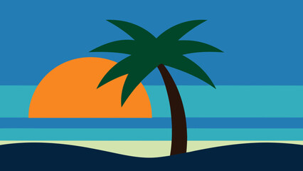 Palm Tree on a Sea Beach with the Golden Sunrise Visible Tropical