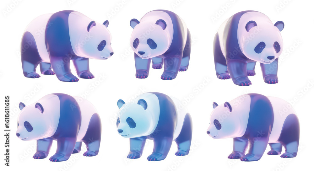 Poster 3d rendered pandas on a white background showcasing various poses and angles ideal for educational m