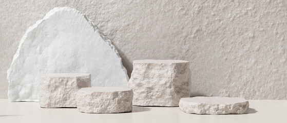 3D Rendering. Natural Stone Product Display Podium on Textured White Background for Minimalist Beauty and Cosmetic Presentations