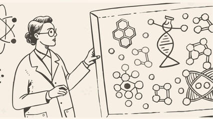 Scientist presenting molecular structures and dna diagram on a board in a laboratory setting scene illustration | editable eps vectors silhouette