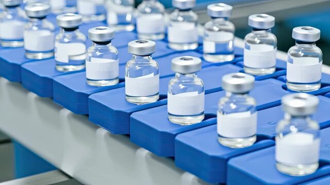 Vials of medication are carefully processed on a conveyor for quality checks and packaging in the production process