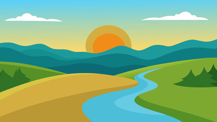 Obraz premium River Flowing Through a Pastoral Landscape with Farm Animals Scenic