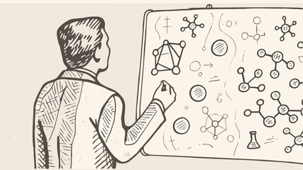 Man drawing molecular structures and chemical formulas on a whiteboard in a classroom setting sketch style | editable eps vectors silhouette