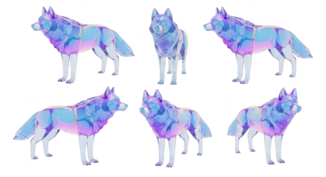 Six translucent crystalline wolf figures stand in various poses showcasing geometric design on a plain white background; ideal for fantasy art or digital marketing