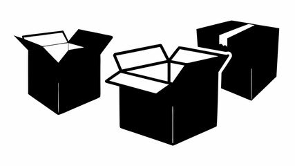 Three black and white cardboard boxes, two open and one closed, arranged on a white background space | editable eps vectors silhouette