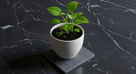 Small potted plant on dark marble surface minimalist home decor