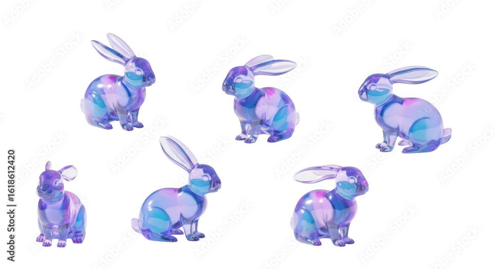 Poster glass rabbits displayed on a white surface background has soft shadows representing an artistic disp