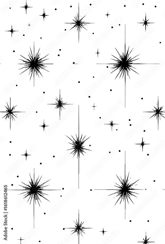 Poster abstract starry pattern with twinkling black star arrays on white background for design