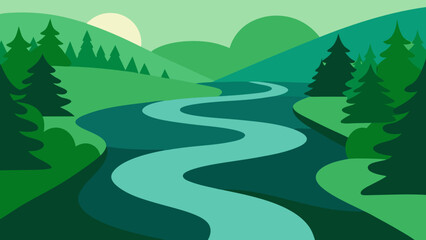 Fototapeta premium River Winding Its Way Through a Dense Green Forest Peaceful Natural Scene