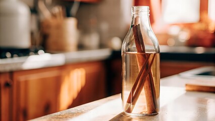 Glass bottle with cinnamon sticks filled with water on kitchen counter  