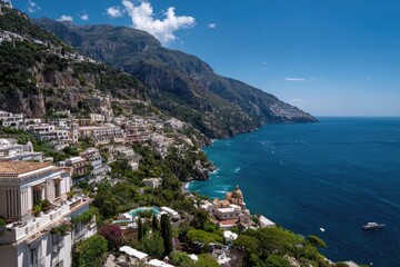 Naklejka premium Coastal town nestled in a mountainside overlooking the ocean