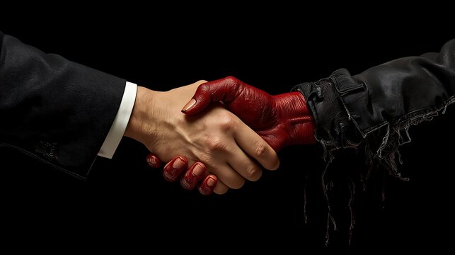 A handshake between a business man and a bloody hand on a black background in a studio setting