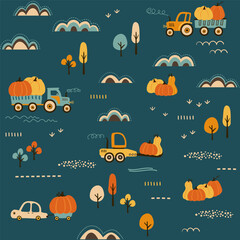 Kids seamless pattern with pumpkins, harvest, agricultural machinery © is1003