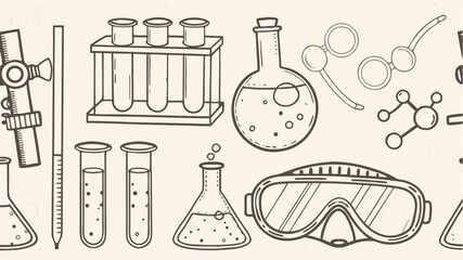 Illustration of laboratory equipment including beakers test tubes flasks and safety goggles in line art | editable eps vectors silhouette