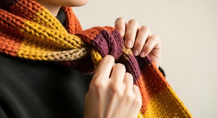 A person adjusts a warm, colorful, hand-knitted scarf around their neck.
