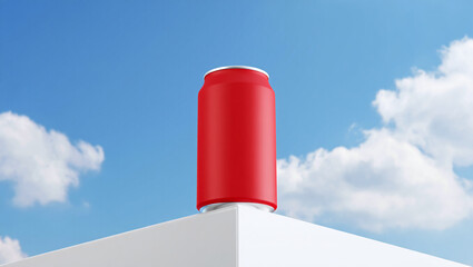 Red soda can on white surface against blue sky red can