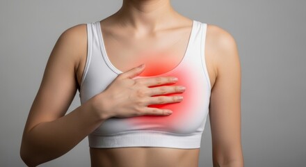 A woman in a white sports bra holds her chest, with a red glow indicating pain or discomfort, possibly from heartburn or heart issues. Focus on isolated medical symptom.