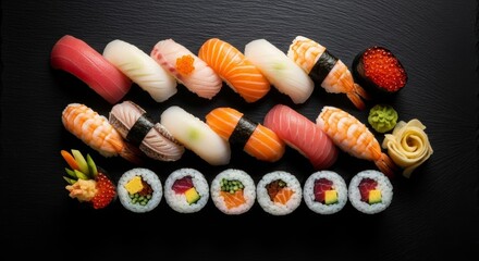 A visually appealing array of colorful sushi nigiri and maki rolls, neatly arranged on a dark slate background, complete with ginger and wasabi. Perfect for Japanese cuisine, food, and dining themes.