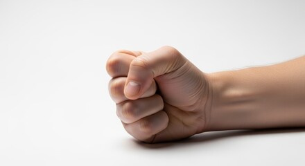 A tightly clenched child's fist is shown in profile against a clean white background, conveying strength, determination, or emotion. Ideal for concepts of power, protest, or childhood development.