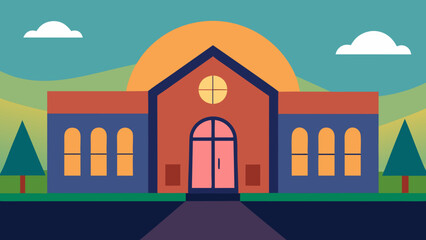 Large Stained Glass Window at a School During Golden Sunset Artistic View