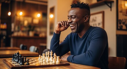 A man laughs joyfully while playing chess in a warm, cozy cafe with soft lighting, perfect for leisure and strategy game imagery.