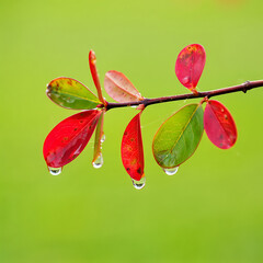 Red and green leaves with water droplets on branch