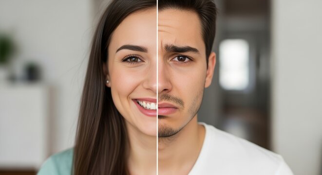 A striking split image combining a smiling woman's face with a worried man's face, illustrating contrasting emotions, gender differences, or relationship dynamics.