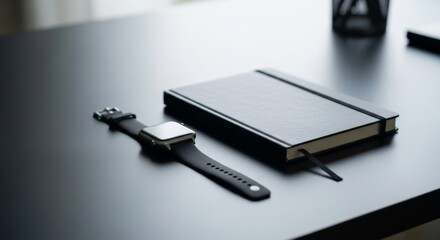 A sleek smartwatch and a black notebook lie on a dark, minimalist desk. Perfect for themes of productivity, technology, business, and modern work.