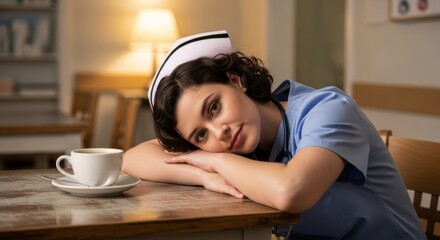 A weary nurse in scrubs and cap rests her head on her arms next to a cup of coffee, looking directly at the camera. Captures the realities of healthcare work.