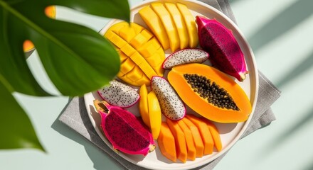 Colorful tropical fruit bowl featuring fresh sliced mango, papaya, dragon fruit and pineapple arranged on white plate. Healthy exotic fruits with palm leaves decoration on bright background.