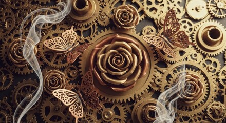 Intricate steampunk artwork featuring vintage clockwork gears, ornate bronze roses, delicate butterflies and flowing ribbons. Perfect fantasy mechanical background with Victorian era aesthetic.