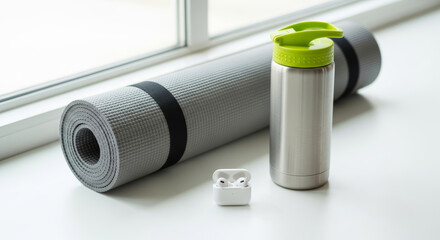 Modern fitness equipment arrangement featuring rolled gray yoga mat, stainless steel water bottle, and white wireless earbuds on clean surface by window. Perfect for healthy lifestyle content.