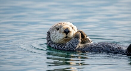 A charming sea otter floats peacefully on its back in clear, calm water, showcasing its adorable face and paws. Perfect for nature, wildlife, and animal-themed projects.
