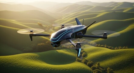 High-tech quadcopter drone with camera flying above scenic rolling hills during golden hour. Perfect aerial photography concept with beautiful natural landscape and warm sunlight.